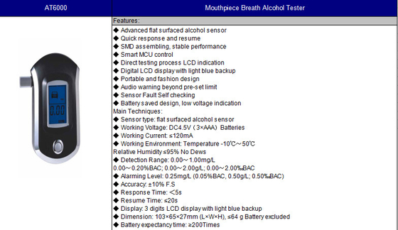 At6000 Breathalyzer Alcohol Tester وقت الاستجابة السريع